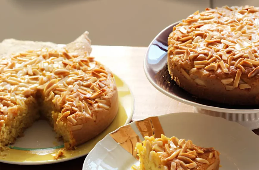 Uma mesa preparada para café com bolo de amêndoas.