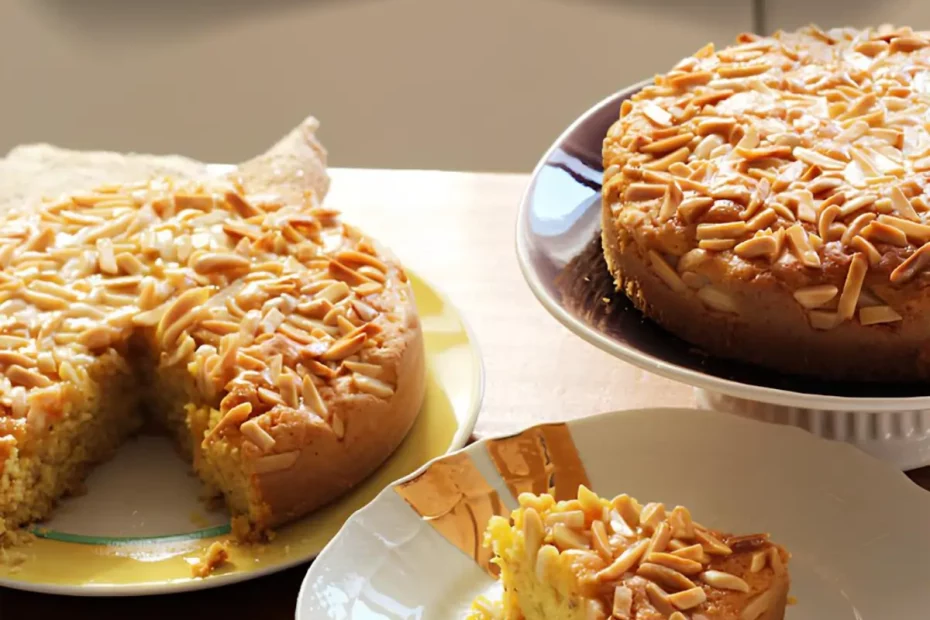 Uma mesa preparada para café com bolo de amêndoas.