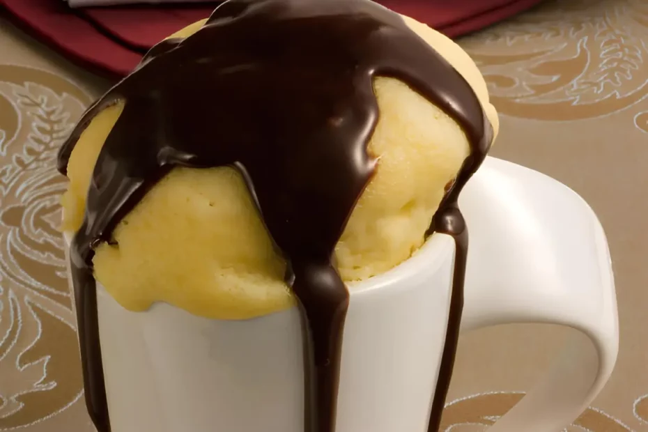 Um bolo de caneca com ganache.