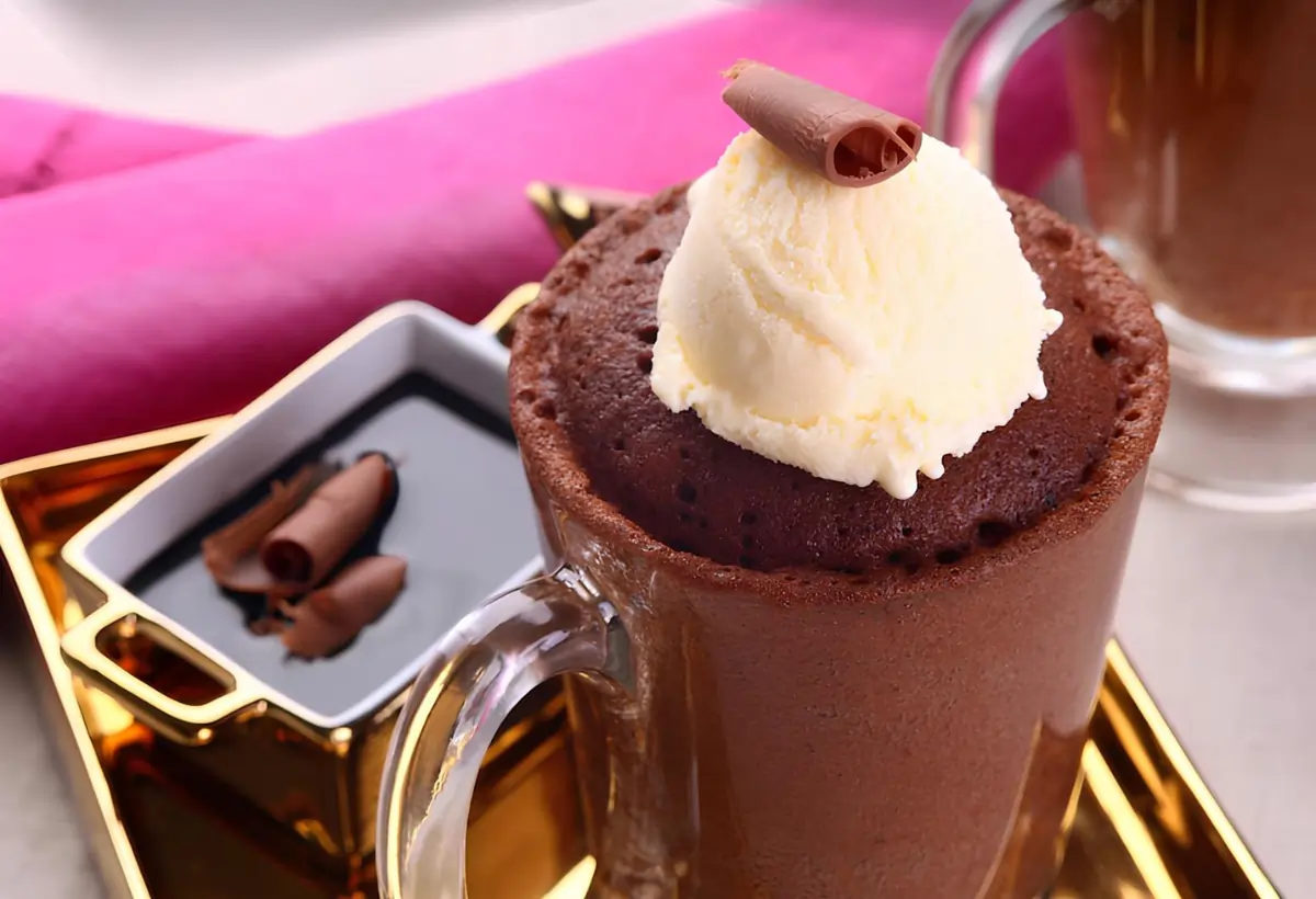 um bolo de caneca com sorvete e calda de chocolate.