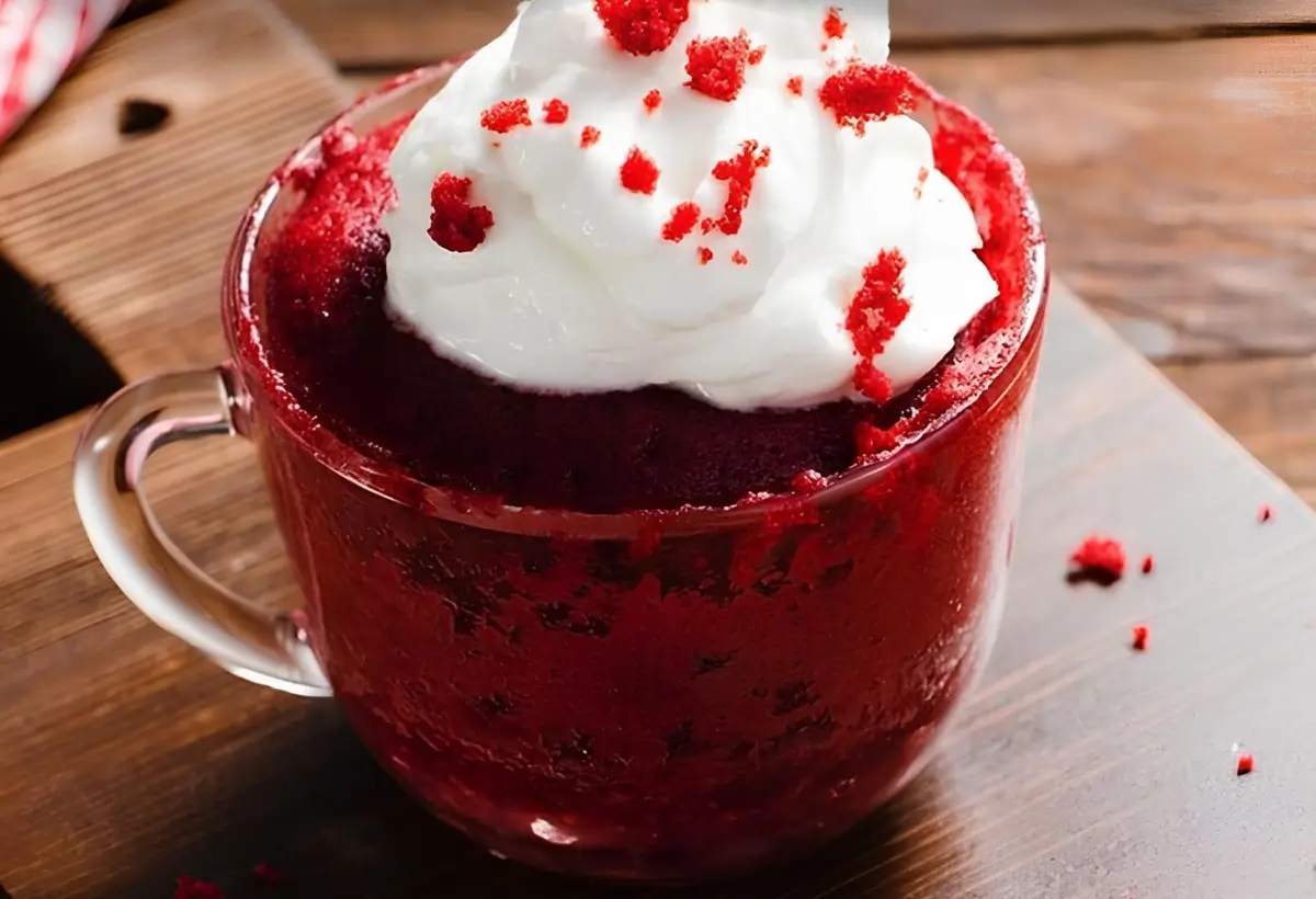 um bolo de caneca de red velvet.