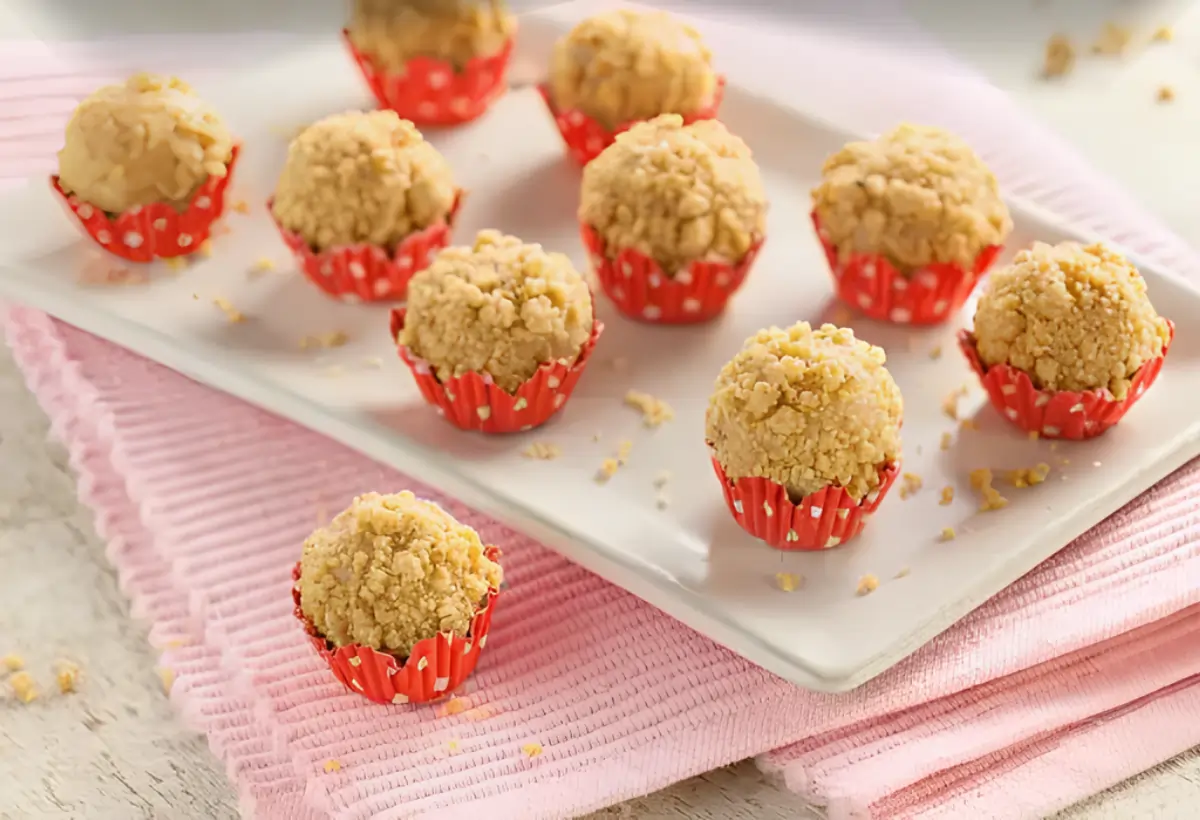 uma travessa com brigadeiros de paçoca.