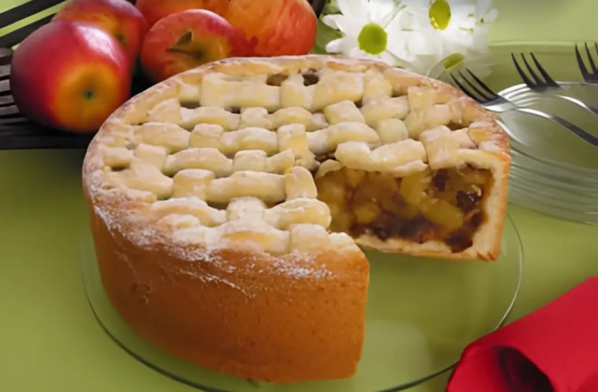 Uma torta de maçã com passas em uma mesa pronta para ser servida.