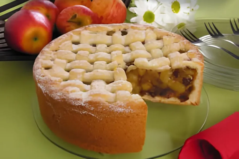 Uma torta de maçã com passas em uma mesa pronta para ser servida.