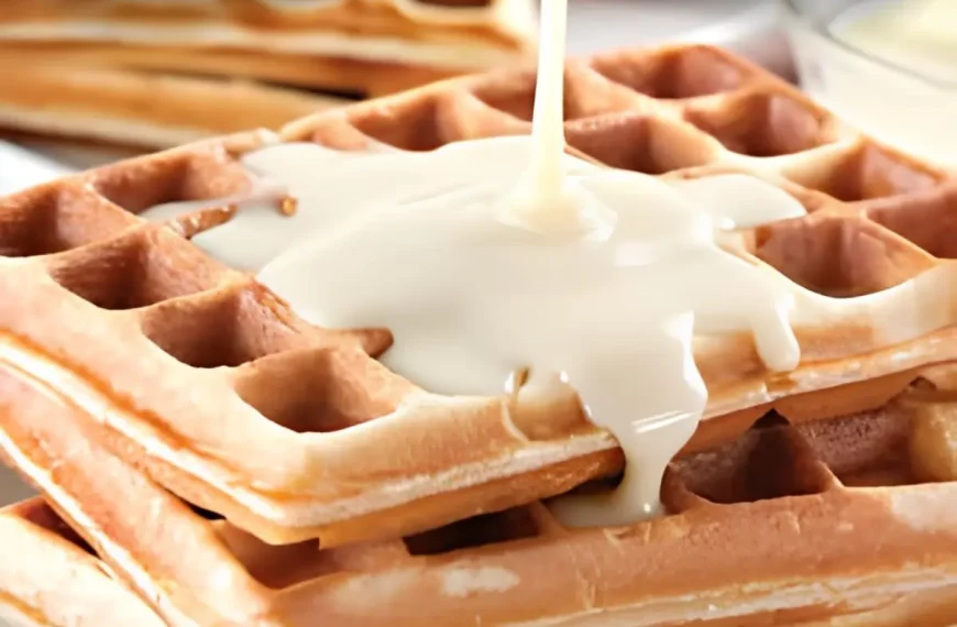 um Waffle com Creme de Leite Condensado e Coco pronto para ser servido.