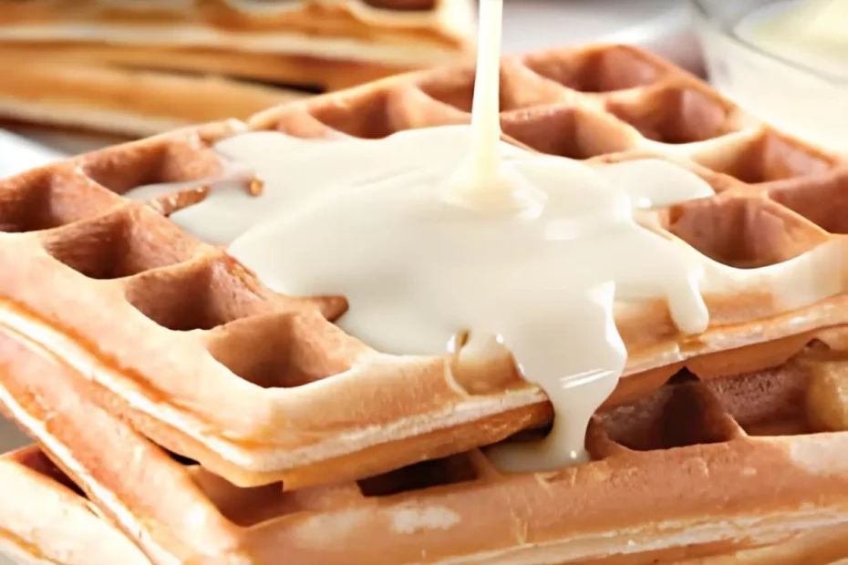 um Waffle com Creme de Leite Condensado e Coco pronto para ser servido.