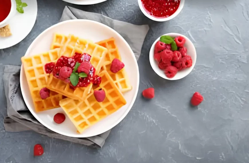 Um prato com Waffle com Geleia de Frutas prontos para serem servidos.