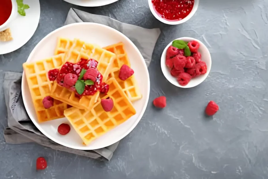 Um prato com Waffle com Geleia de Frutas prontos para serem servidos.