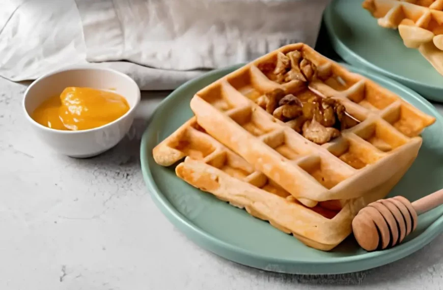 Um prato com Waffle com mel e nozes em uma mesa pronto para ser servido.