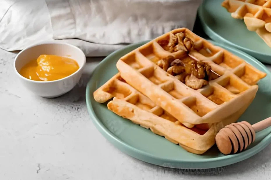 Um prato com Waffle com mel e nozes em uma mesa pronto para ser servido.