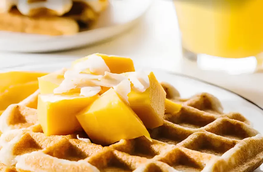 Uma mesa preparada para o café da manhã com waffles de manga com coco.