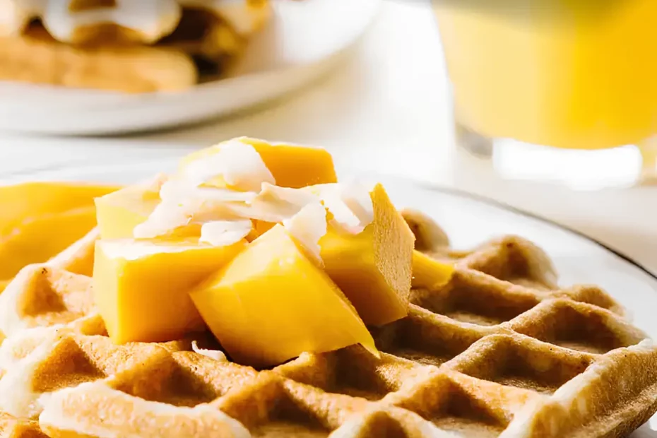 Uma mesa preparada para o café da manhã com waffles de manga com coco.