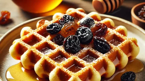 Um prato com waffle de uva passa e mel.