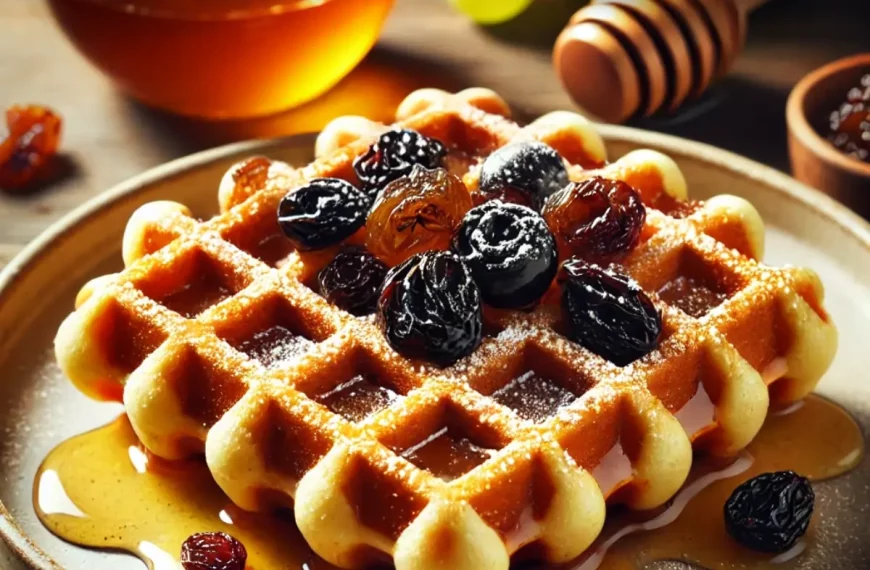 Um prato com waffle de uva passa e mel.