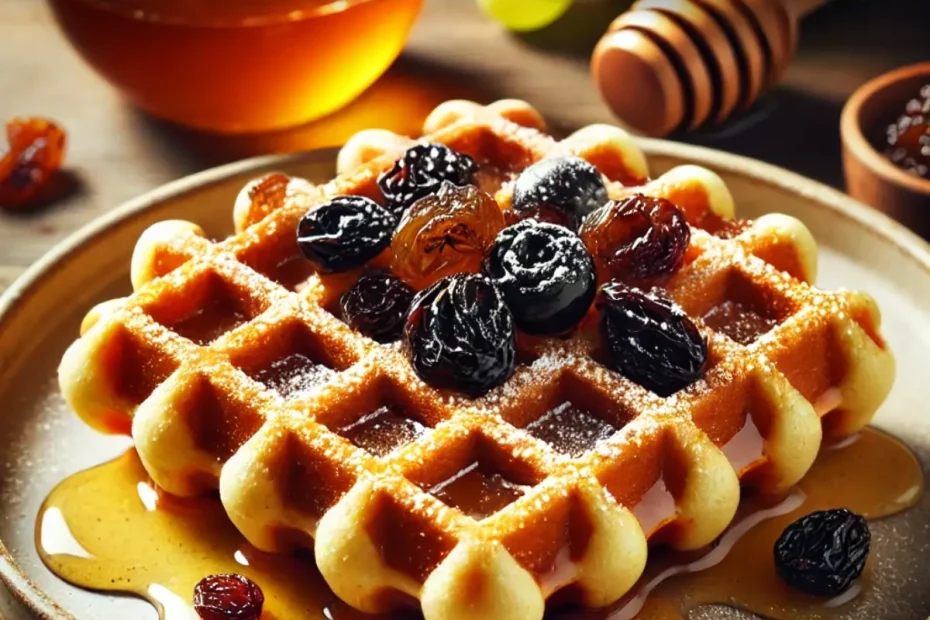 Um prato com waffle de uva passa e mel.