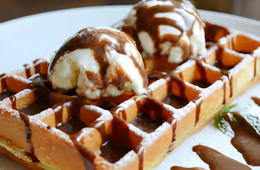 Um Waffle com Sorvete de Baunilha e Calda de Chocolate.