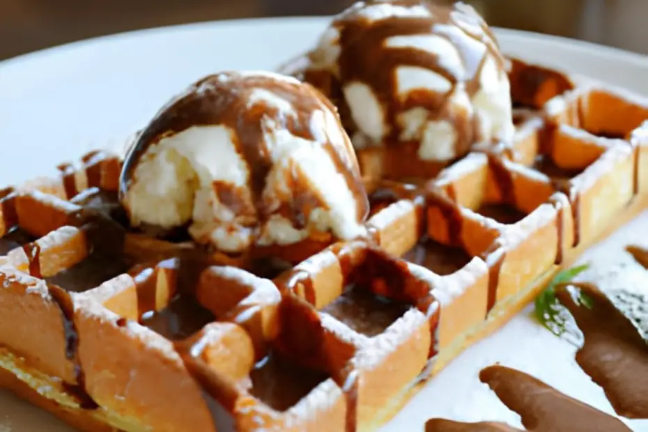 Um Waffle com Sorvete de Baunilha e Calda de Chocolate.