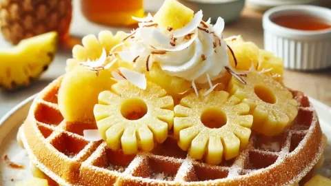 Um waffle de abacaxi com coco pronto para ser servido.