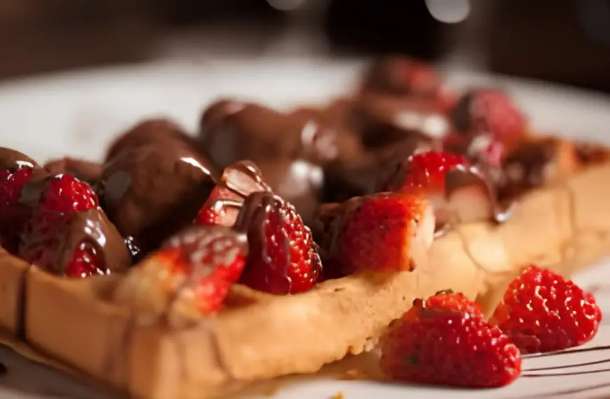 Um prato com waffle de chocolate com morango.