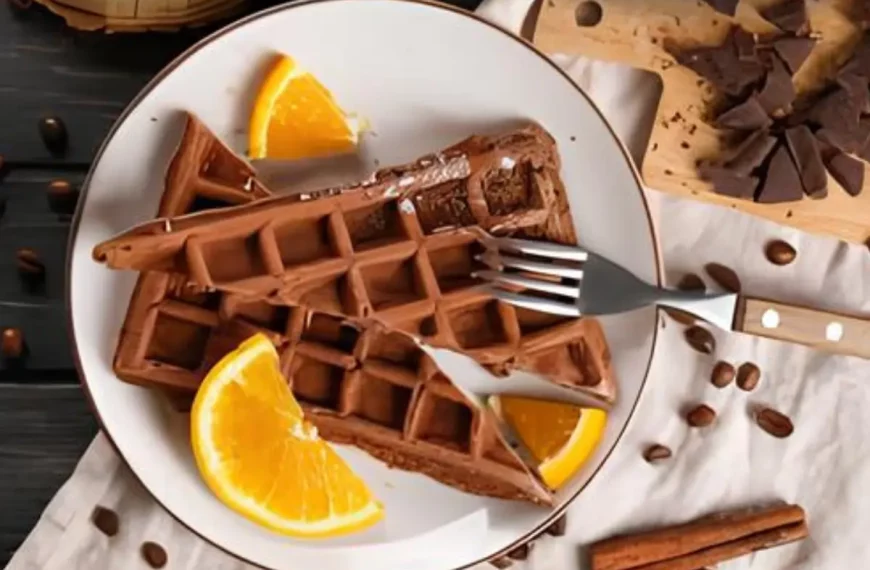 Um prato com waffle de laranja com chocolate.