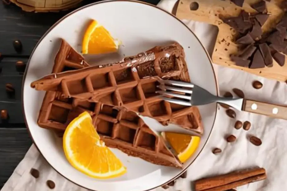 Um prato com waffle de laranja com chocolate.