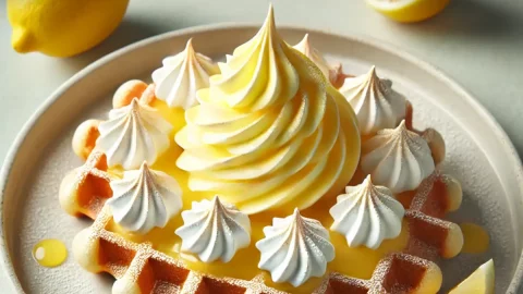 Um Waffle de Limão Siciliano com Merengue pronto para ser servido.