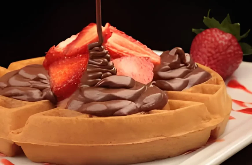 Um Waffle de morango com nutella pronto para ser servido.