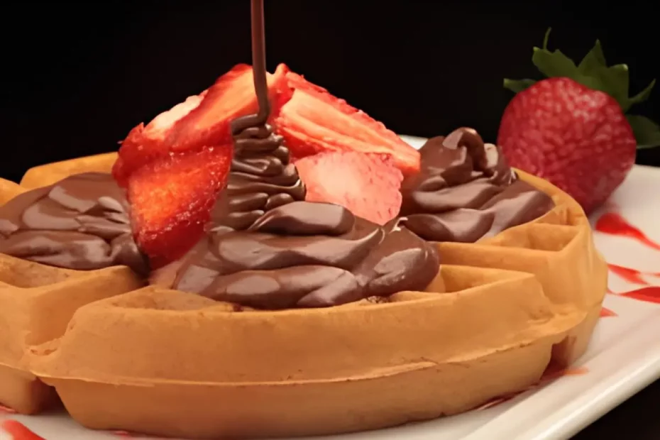 Um Waffle de morango com nutella pronto para ser servido.