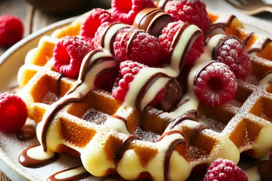 Um prato com Waffle de chocolate branco com framboesa.