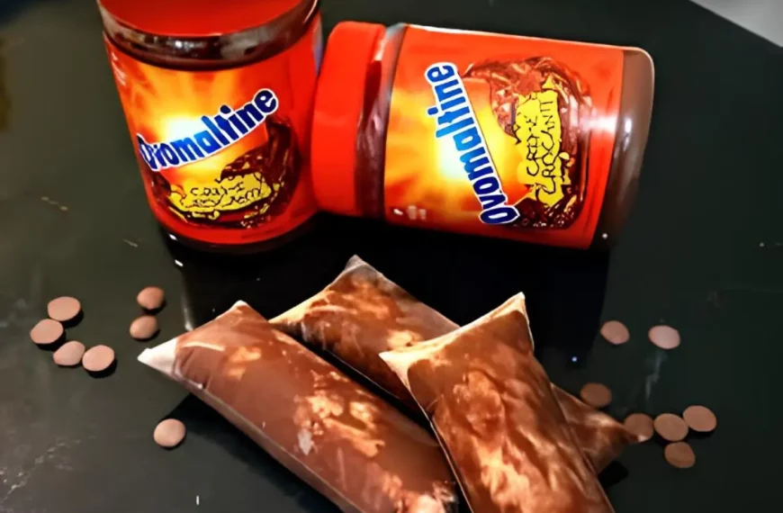 geladinhos de Ovomaltine em cima de uma mesa.