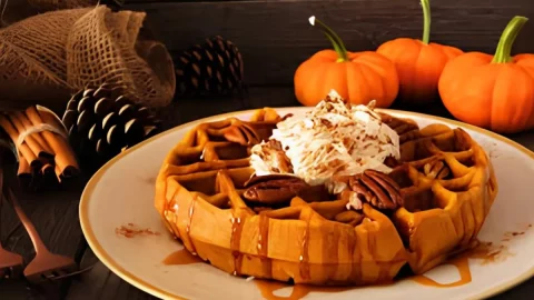 Um prato com waffle de abóbora com especiarias pronto para ser servido.