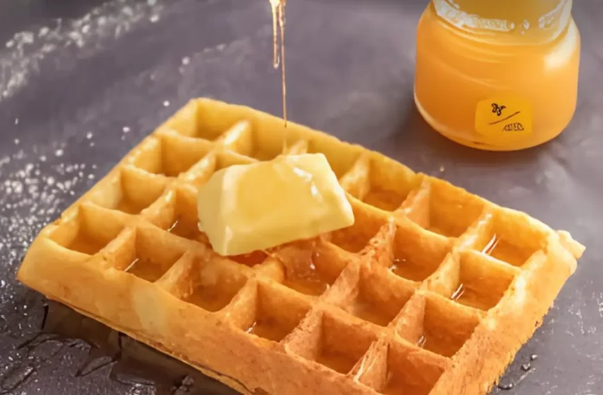 Um waffle de baunilha em uma mesa.