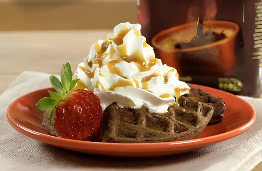 Um prato com waffle de café com chocolate pronto para ser servido.