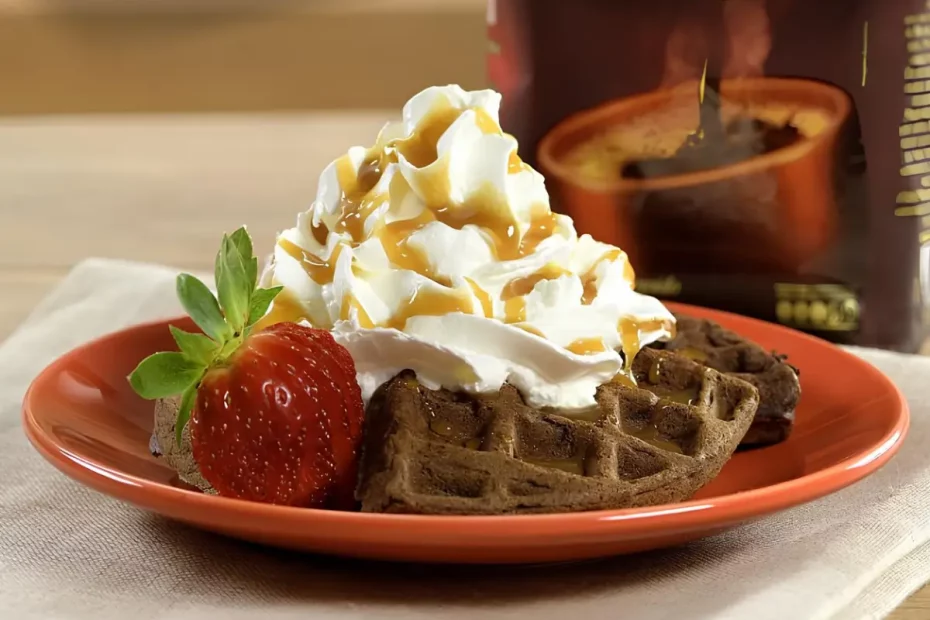 Um prato com waffle de café com chocolate pronto para ser servido.