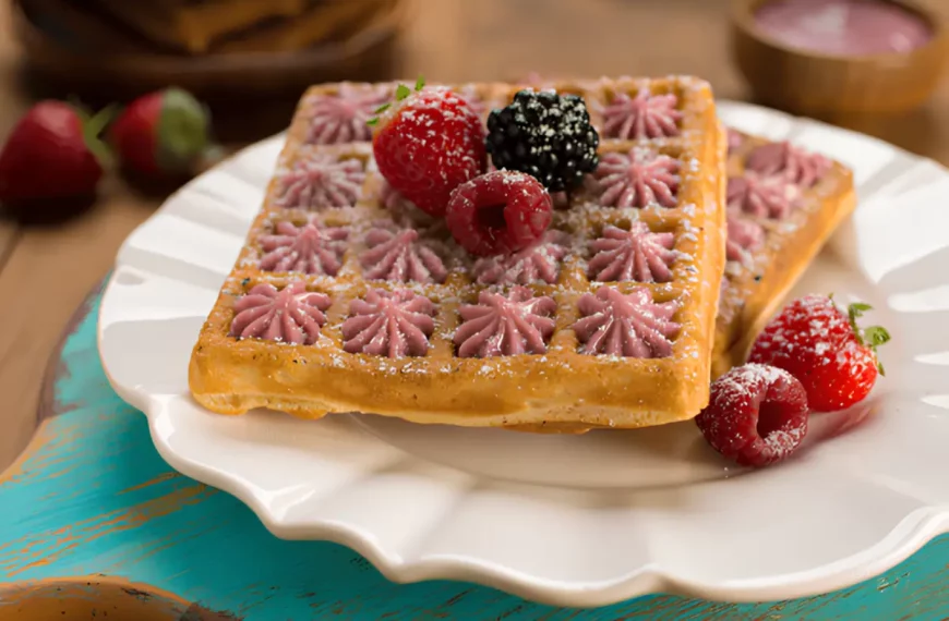 waffle de frutas vermelhas em um prato pronto para ser servido.