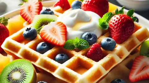 Waffles de iogurte com frutas em uma mesa pronto para serem servido.