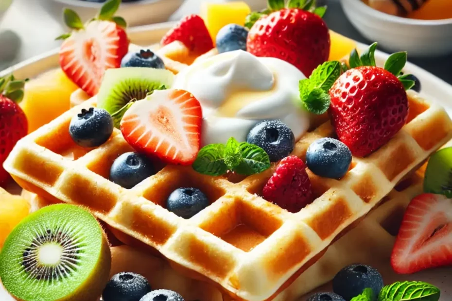 Waffles de iogurte com frutas em uma mesa pronto para sere servido.