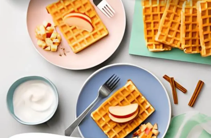 Uma mesa de café preparada com waffles de maçã com canela.