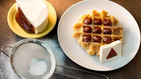 Um prato com waffle de queijo e goiabada.