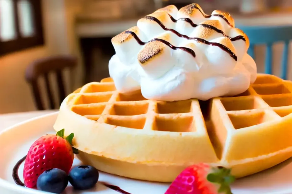 Um prato com Waffle-com-Cobertura-de-Marshmallow