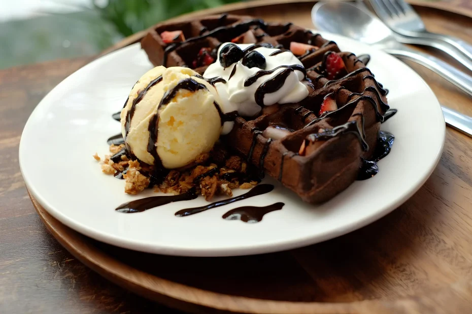 Um prato com Waffle de Brownie para ser servido.