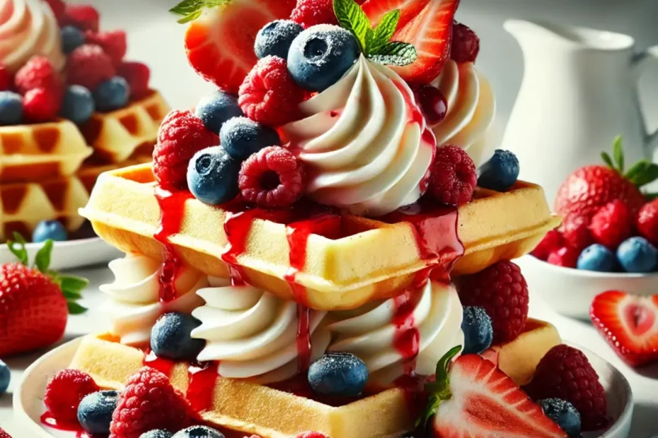 Waffle de cheesecake com frutas vermelhas em uma mesa preparada para café da manhã.