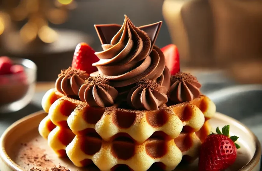 Um prato com waffle com mousse de chocolate.