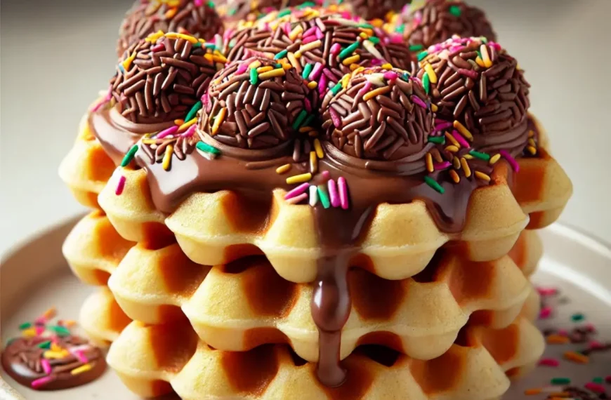 um prato com waffles de brigadeiro com granulados pronto para ser servido.