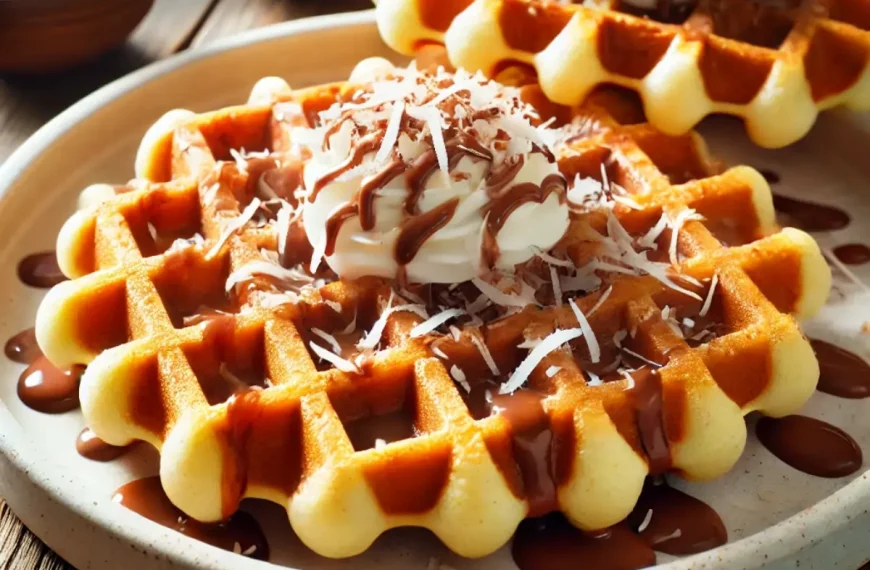 Um prato com waffles de coco com brigadeiro.