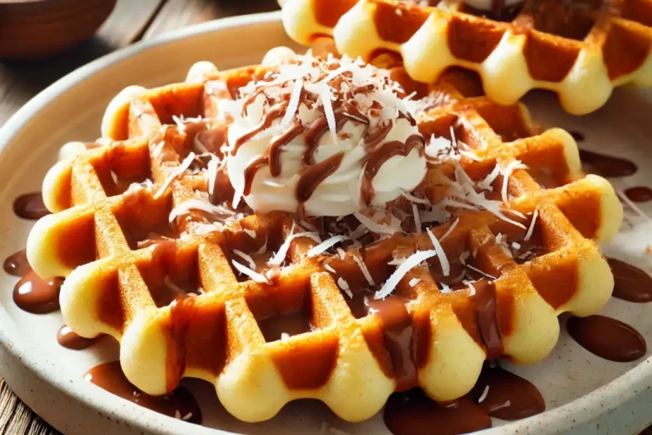 Um prato com waffles de coco com brigadeiro.