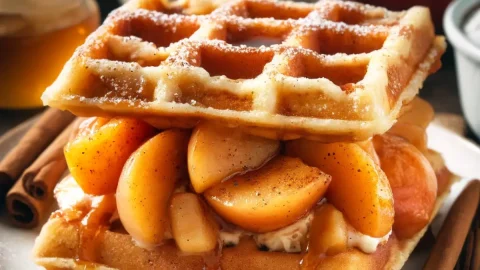 Um prato com waffles com recheio de torta de maçã.