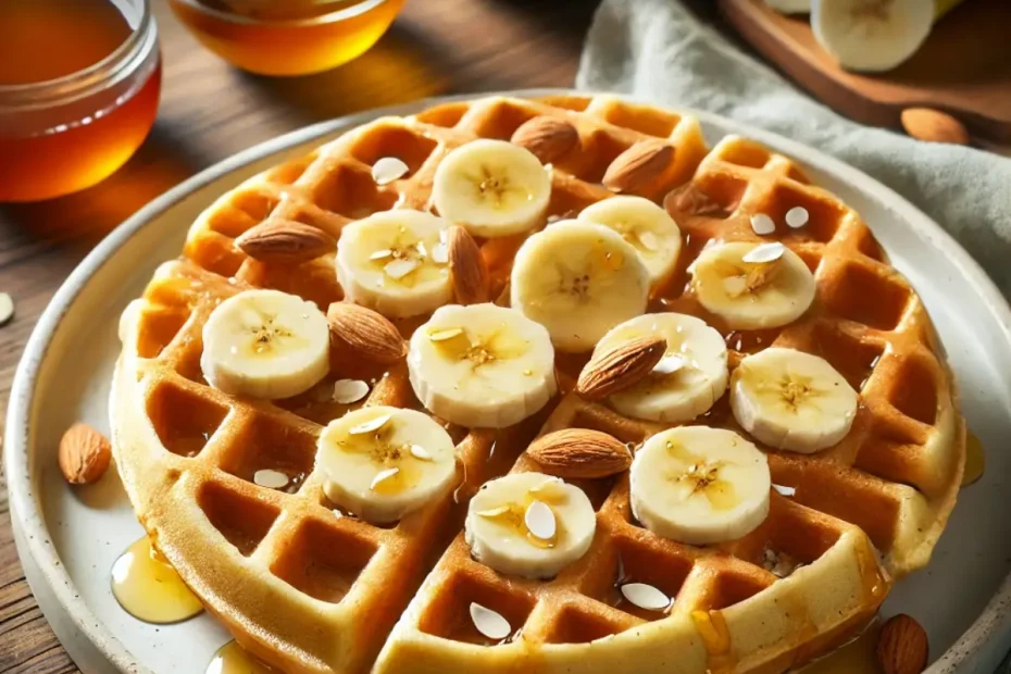 Um prato com waffles de amêndoas com mel prontos para ser servidos.