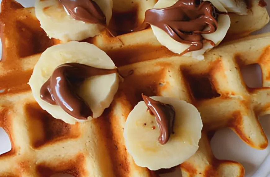 Waffles de banana com nozes pronto para ser servido.