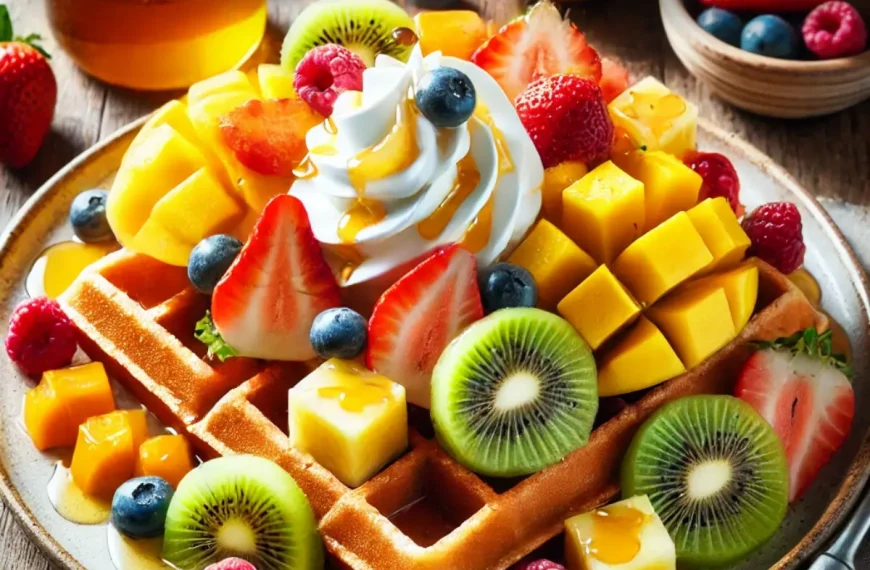 Um prato com waffles de frutas tropicais pronta para ser servida.